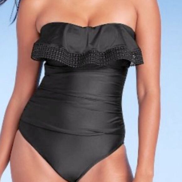 Kona Sol Black Crochet Flounce ruffle High Coverage One Piece Swimsuit L - Picture 1 of 11